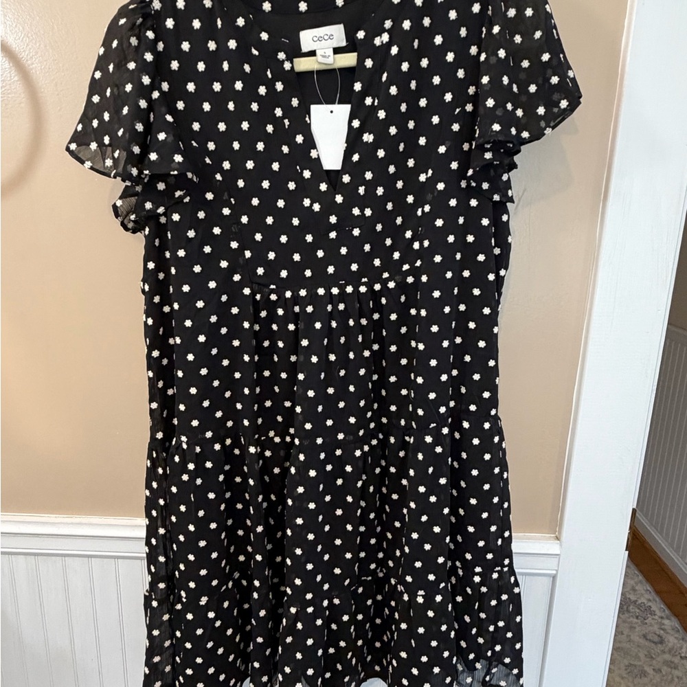 CeCe Black Dress with Cream Floral Embroidery